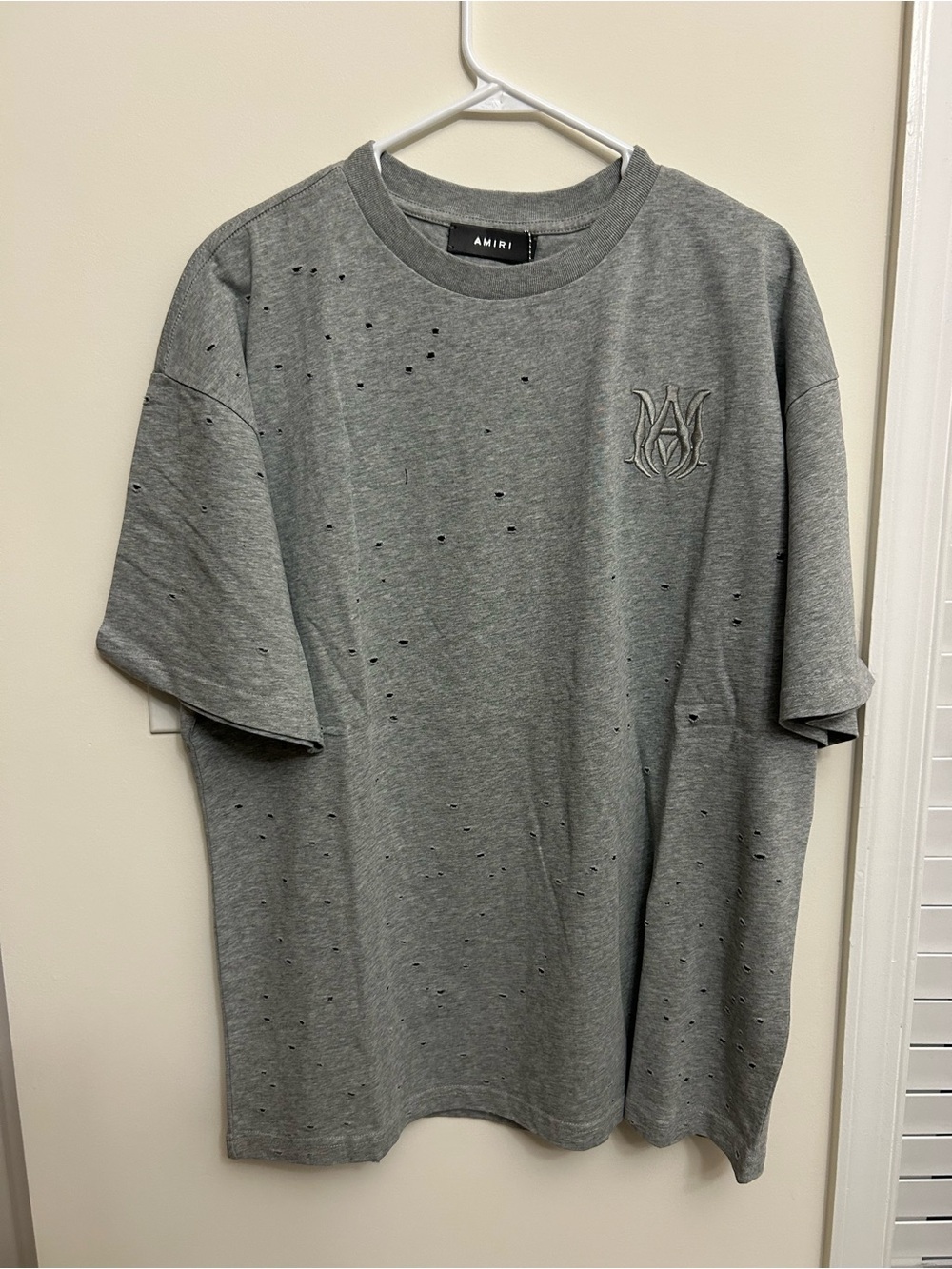AMIRI Grey Distressed Short-Sleeve Logo Tee